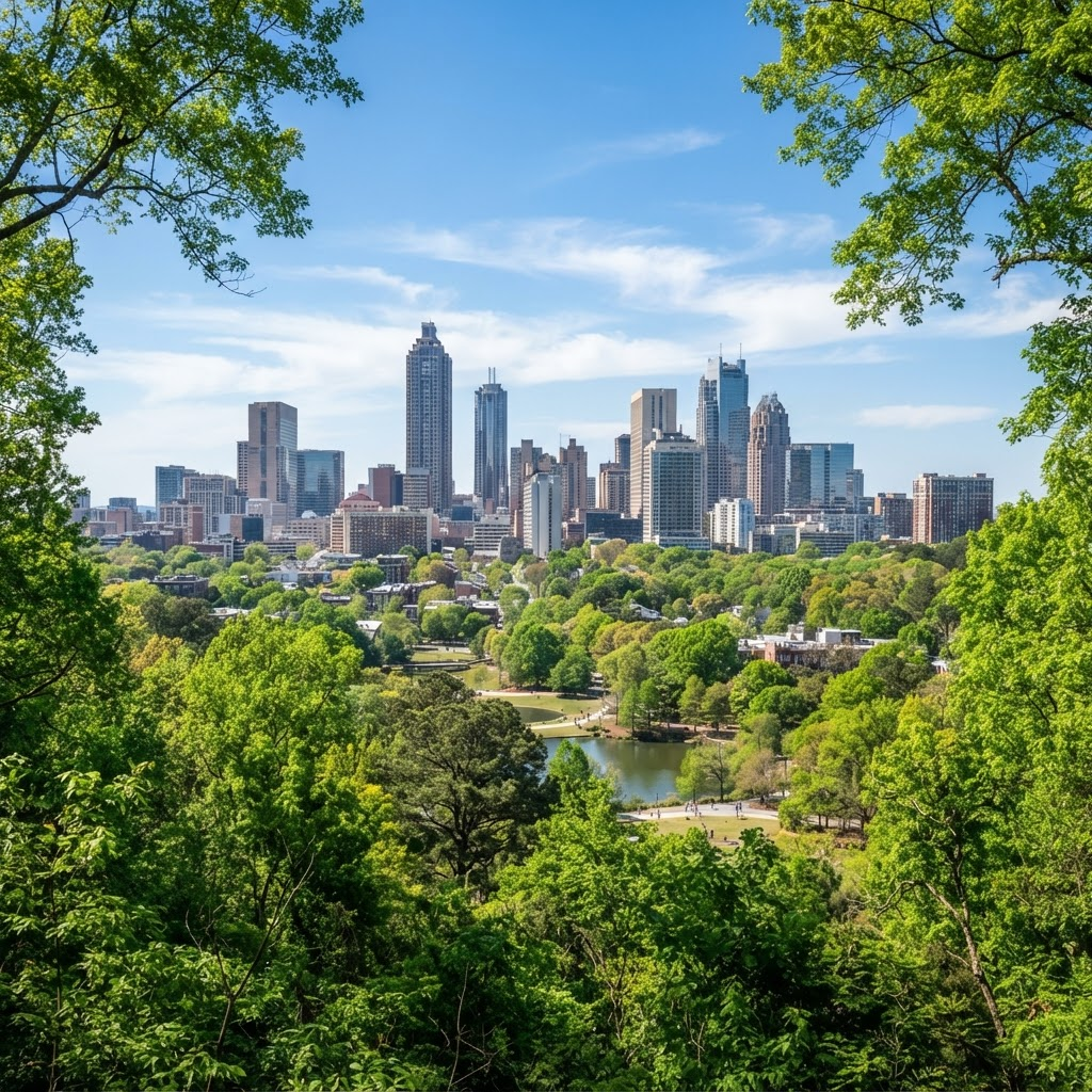Atlanta city skyline framed by lush green trees — Reliable Landscaping Atlanta serves the greater Atlanta metro area